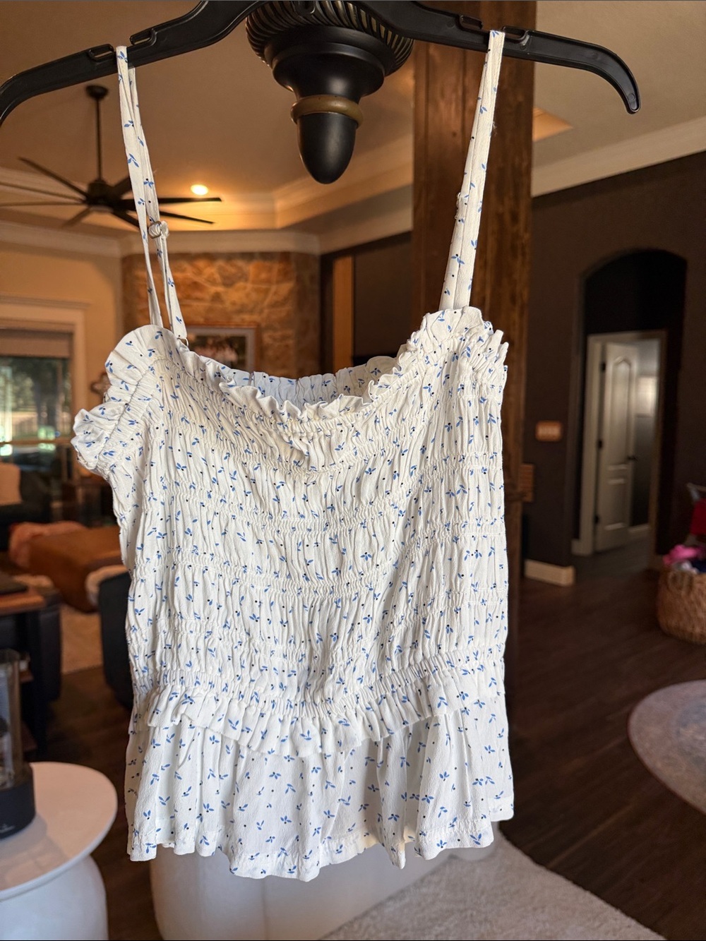 Smocked Ruffle Spaghetti Strap Camisole - White with Blue Floral